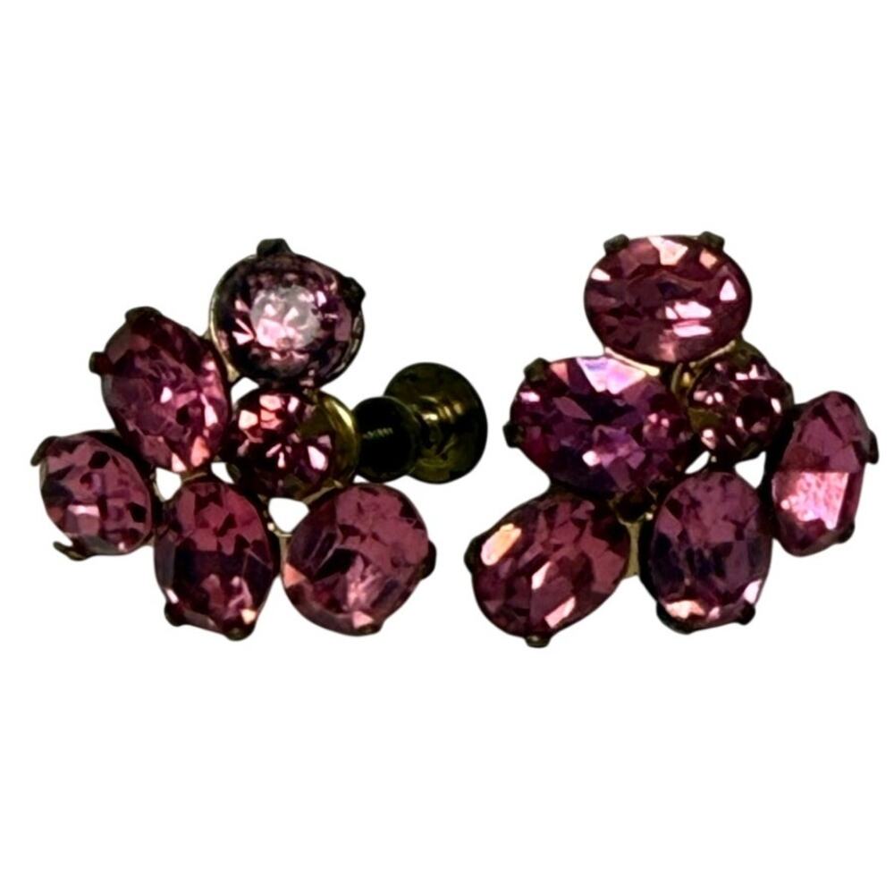 Vintage 50s Pink Rhinestone Screw Back Earrings Brass Cluster